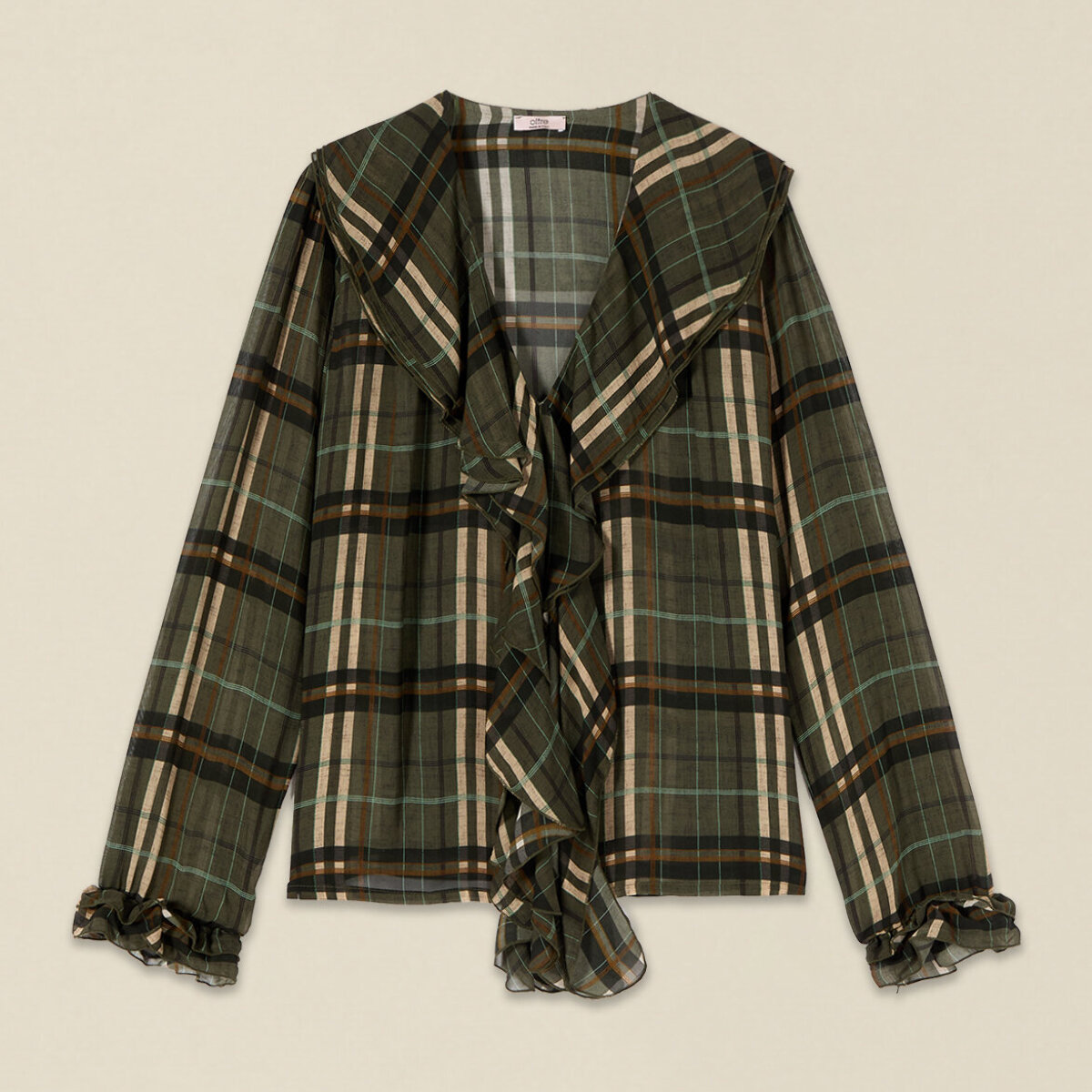 Oltre - Blusa in viscosa check con volant - Verde militare