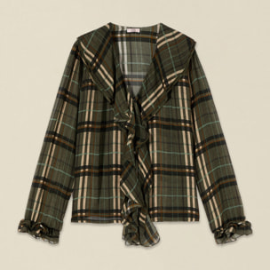 Oltre - Blusa in viscosa check con volant - Verde militare