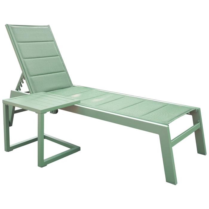 Set bain de soleil et table d'appoint BARBADOS en textilène vert sauge - aluminium vert sauge