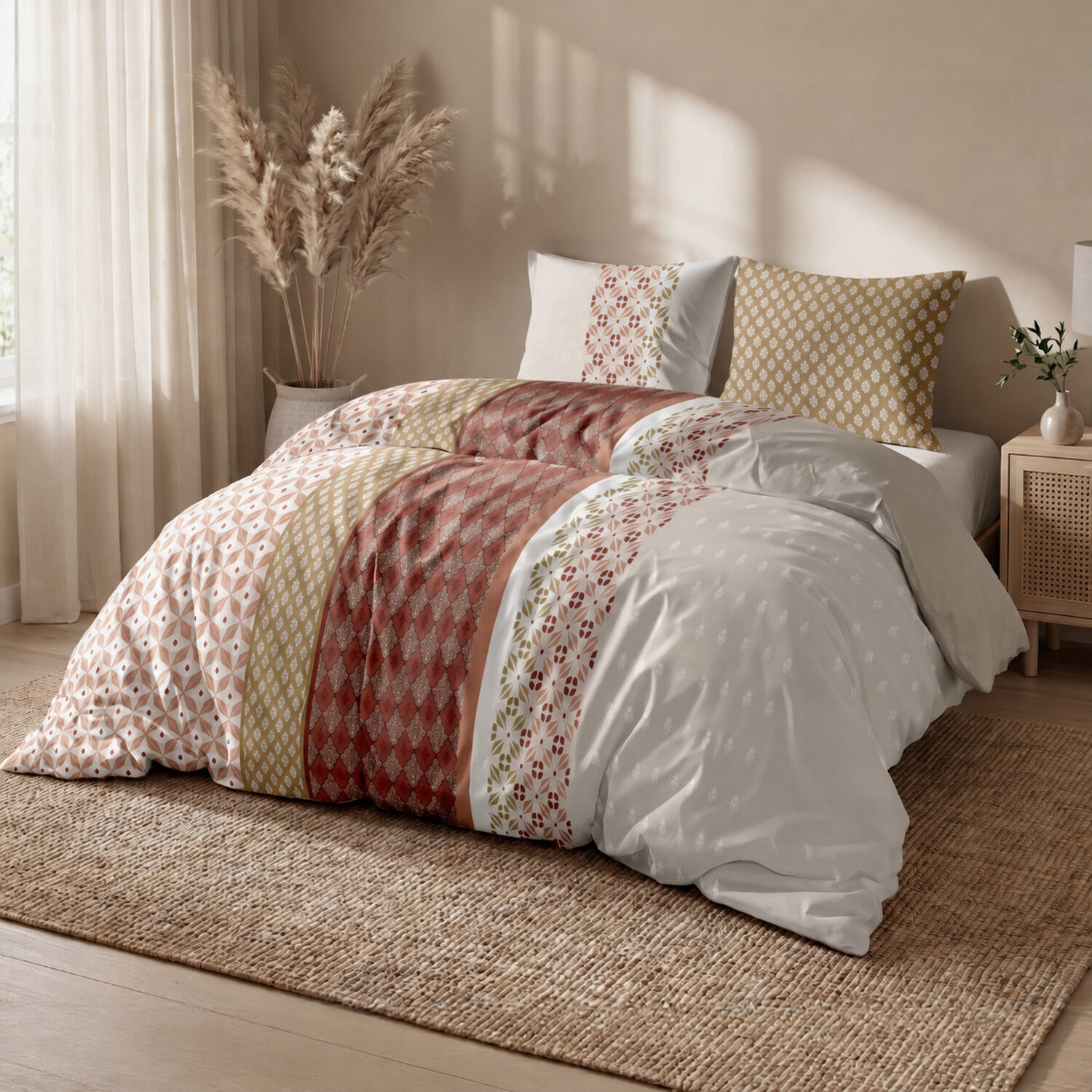 Parure housse de couette 240x220 cm imprimée orientale + 2 taies 100% Coton - RIADI