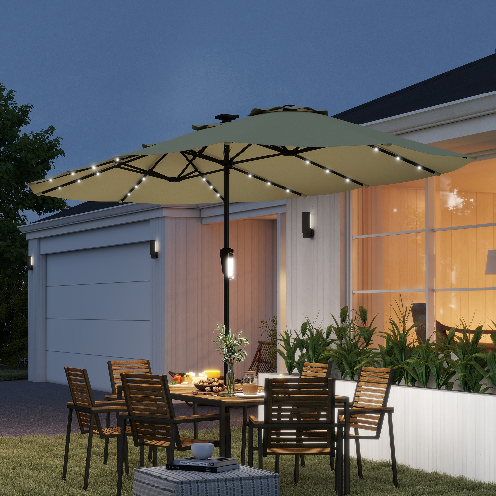 Sombrilla Doble con 36 Luces LED Solares, 4x2 m, Sombrilla Terraza Exterior con Manivela, UPF50+, 12 Varillas, Resistente al Agua, Parasol para Jardín, Terraza, Patio, Beige