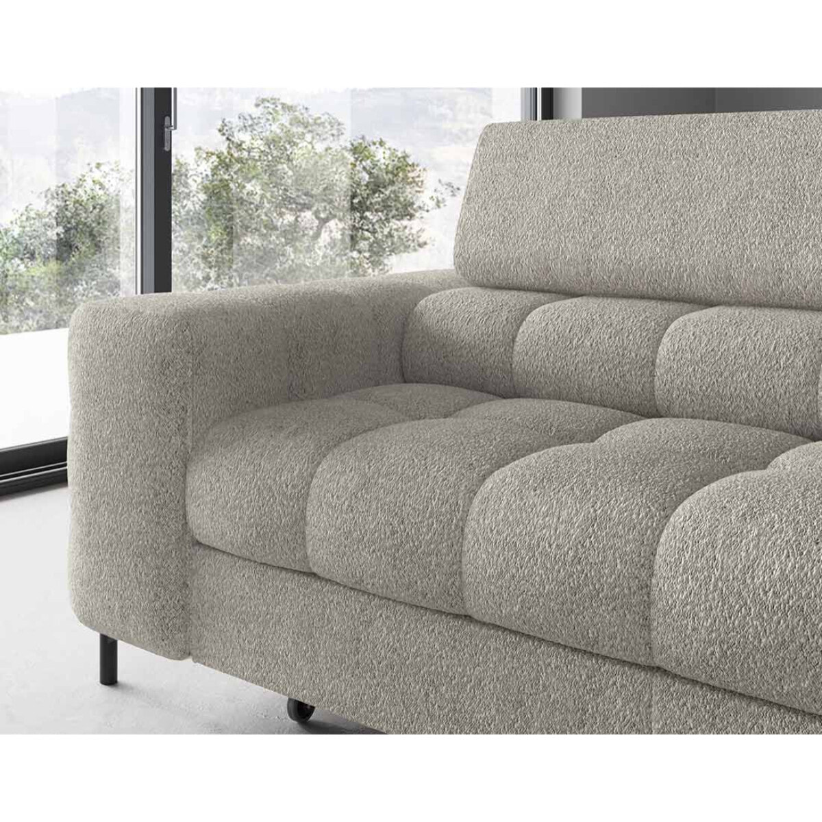 Elisa - canapé d'angle droit 5 places convertible avec coffre et têtières réglables en tissu bouclette - Taupe