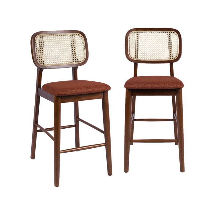Tabouret de bar vintage bois d'hévéa cannage et tissu 66,5cm (lot de 2) MANI