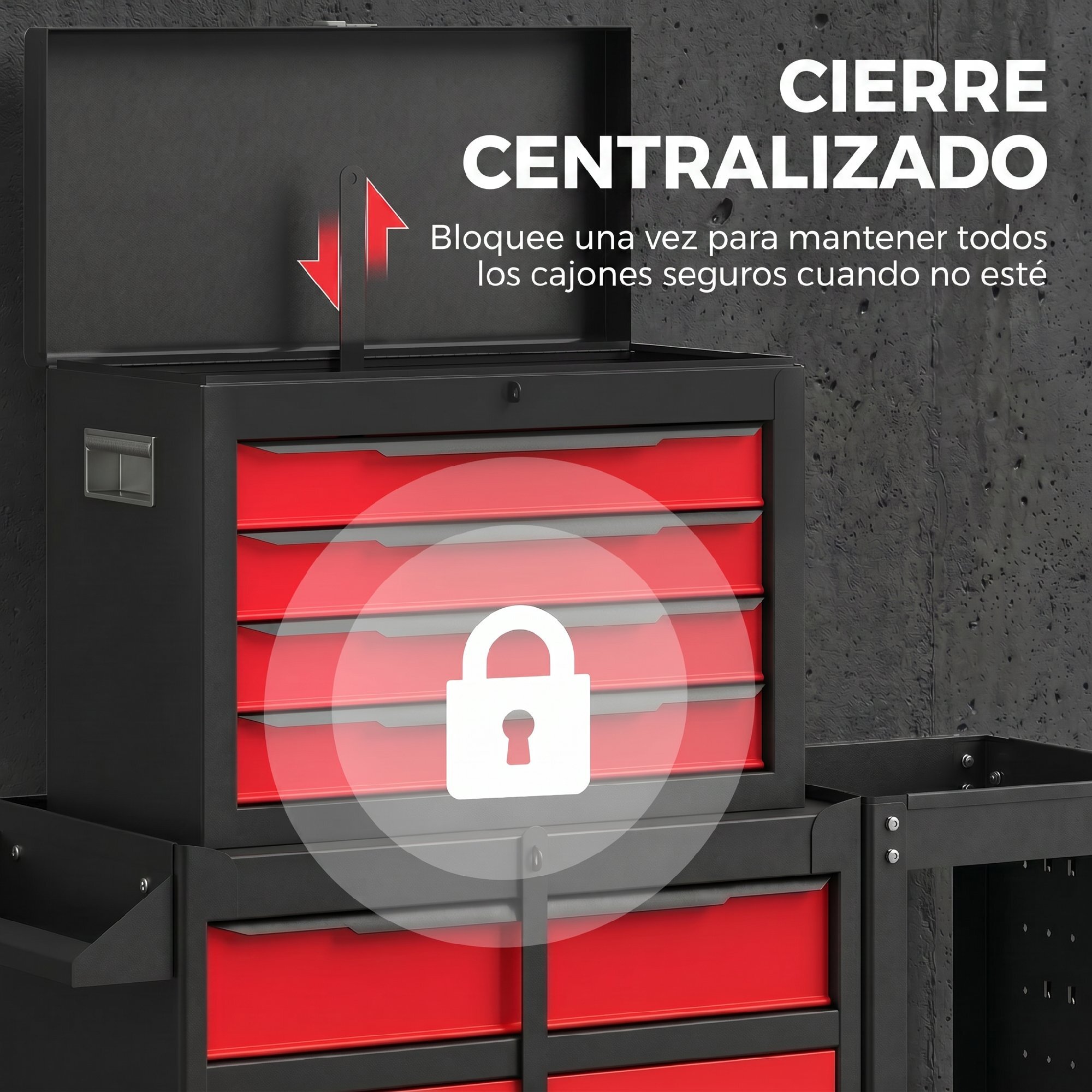 Carro de Herramientas con 5 Cajones 3 en 1, Caja de Taller Metálica con Soporte Lateral, Armario Inferior, Paneles Perforados, Cerradura, Asa, 2 Ruedas con Freno de Bloqueo, Negro y Rojo