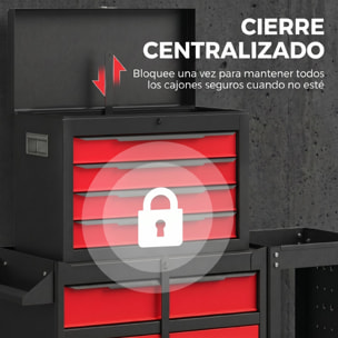 Carro de Herramientas con 5 Cajones 3 en 1, Caja de Taller Metálica con Soporte Lateral, Armario Inferior, Paneles Perforados, Cerradura, Asa, 2 Ruedas con Freno de Bloqueo, Negro y Rojo