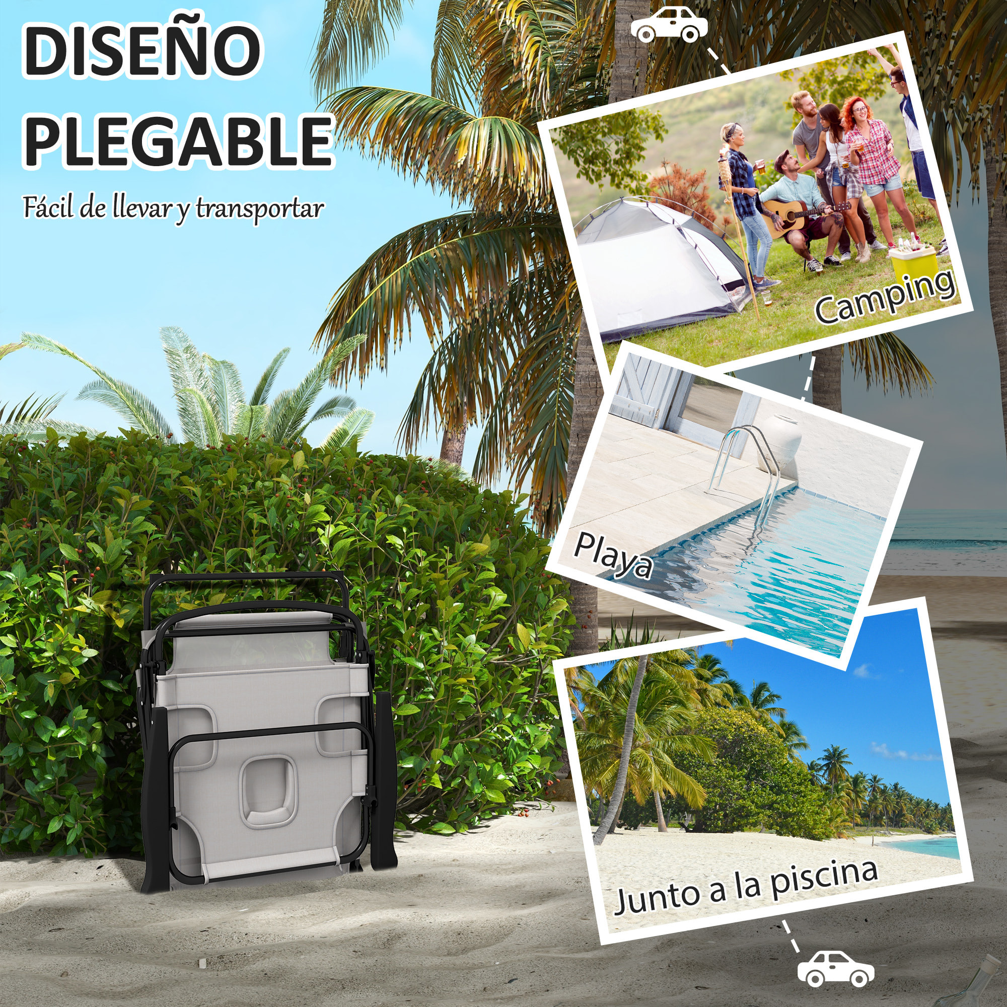 Outsunny Tumbona Plegable Tumbona de Jardín con Respaldo Ajustable en 4 Niveles Orificio de Lectura y Reposacabezas para Terraza Piscina 194x72x31 cm Crema