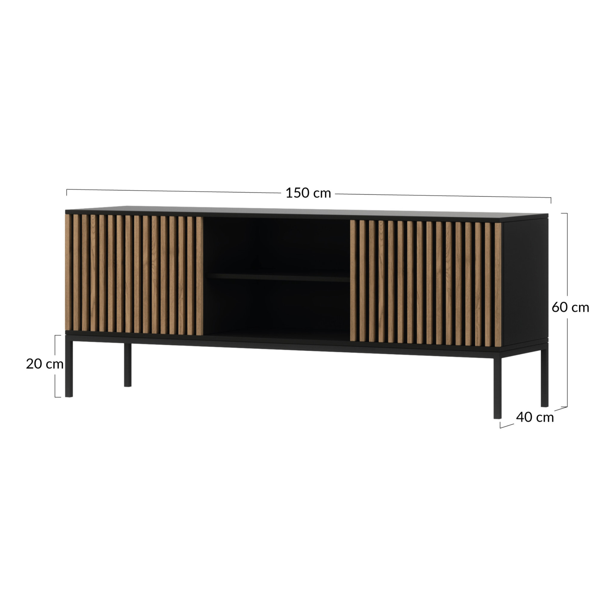 Savanna - meuble TV - effet bois et noir - 2 portes et 2 niches - 150 cm - Noir / Bois