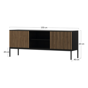 Savanna - meuble TV - effet bois et noir - 2 portes et 2 niches - 150 cm - Noir / Bois