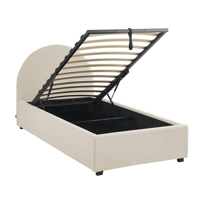 Lit coffre avec sommier à lattes et tête de lit. finition bouclette. blanc. L 206 x P 104 x H 102cm