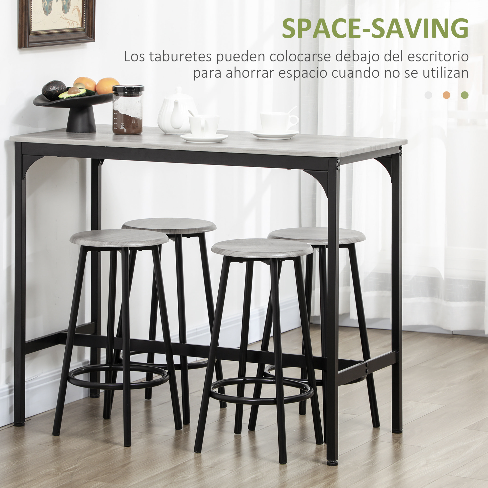 Conjunto Mesa Alta de Cocina con 4 Taburetes, Mesa de Bar Alta, Ahorro de Espacio, para Pisos Pequeños, Cocina, Comedor, Balcón o Isla Cocina 110x50x89,5 cm, Gris y Negro