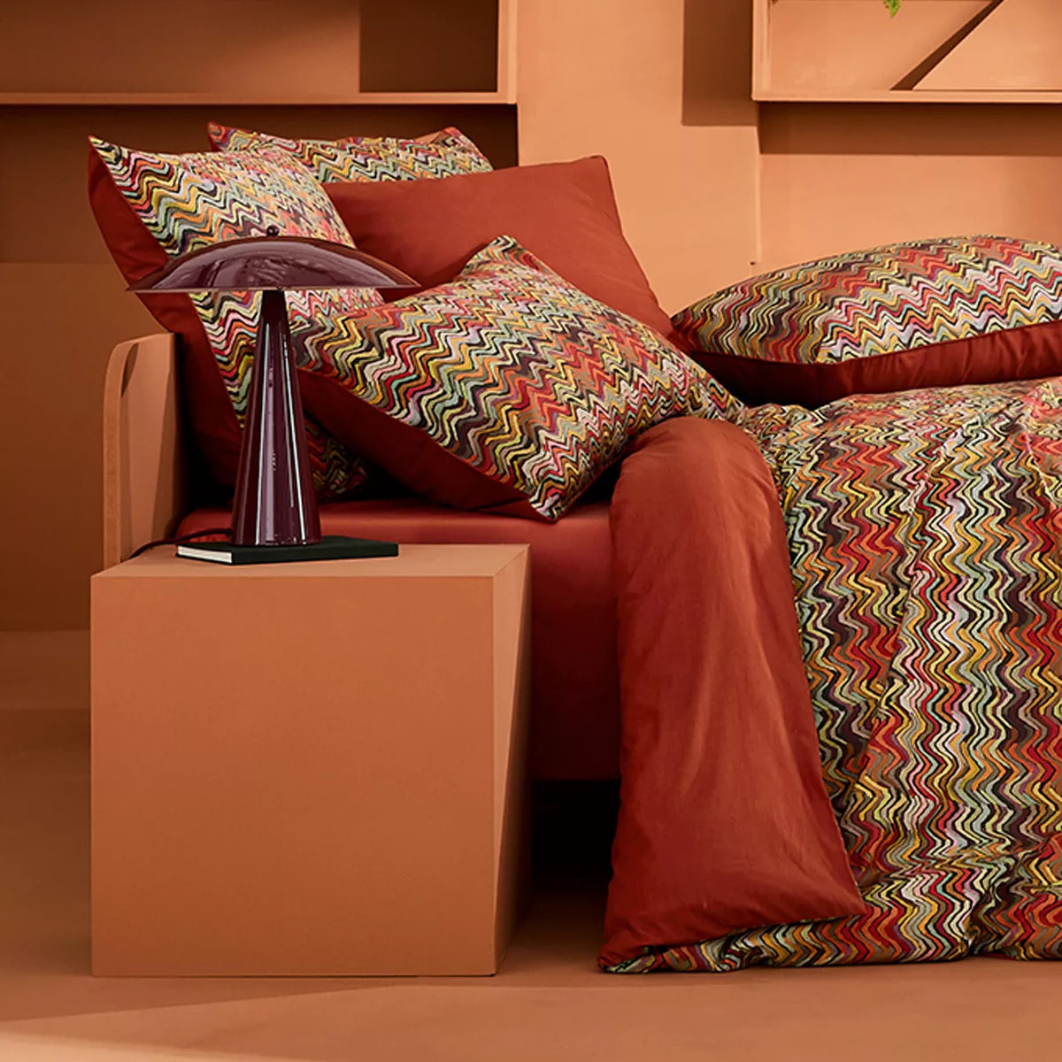 Lot h.couette +taies percale de coton 115 g/m² imprimé orange brun Wavy pop