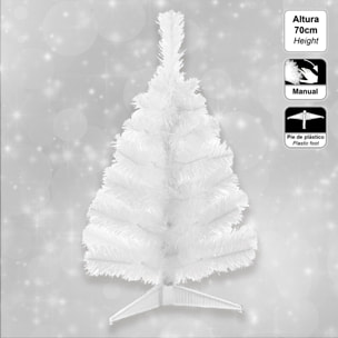 Pack decoración navidad: abeto blanco 70 cm con base + 6 bolas navidad rayas blanca y roja + estrella cresta roja + guirnalda espumillón blanca y roja