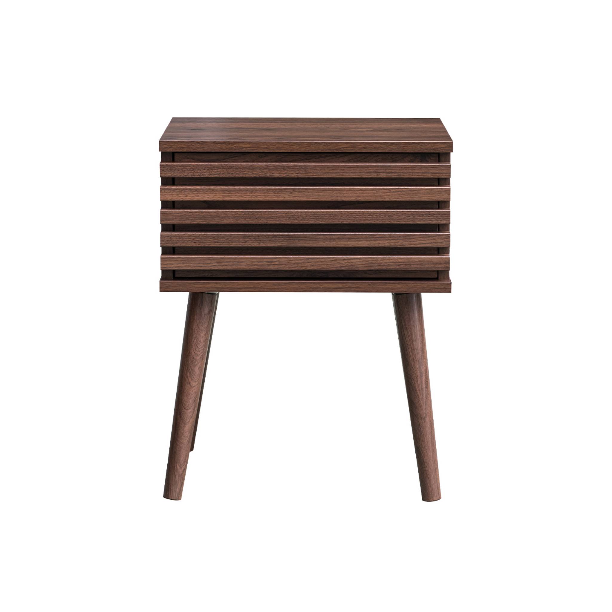Table de chevet style scandinave décor bois couleur noyer avec tiroir rainuré et pieds compas
