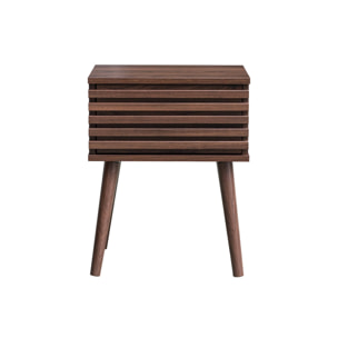 Table de chevet style scandinave décor bois couleur noyer avec tiroir rainuré et pieds compas