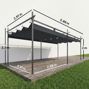 Pérgola de Jardín 6x3 m con Techo Retráctil, Cenador de Jardín con UPF30+, Estructura Metálica, Tela de Poliéster, Pabellón para Exterior, Terraza, Gris Oscuro