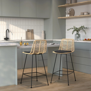 Lot de 2 chaises pour îlot central 66 cm en rotin naturel et noir - Tamara