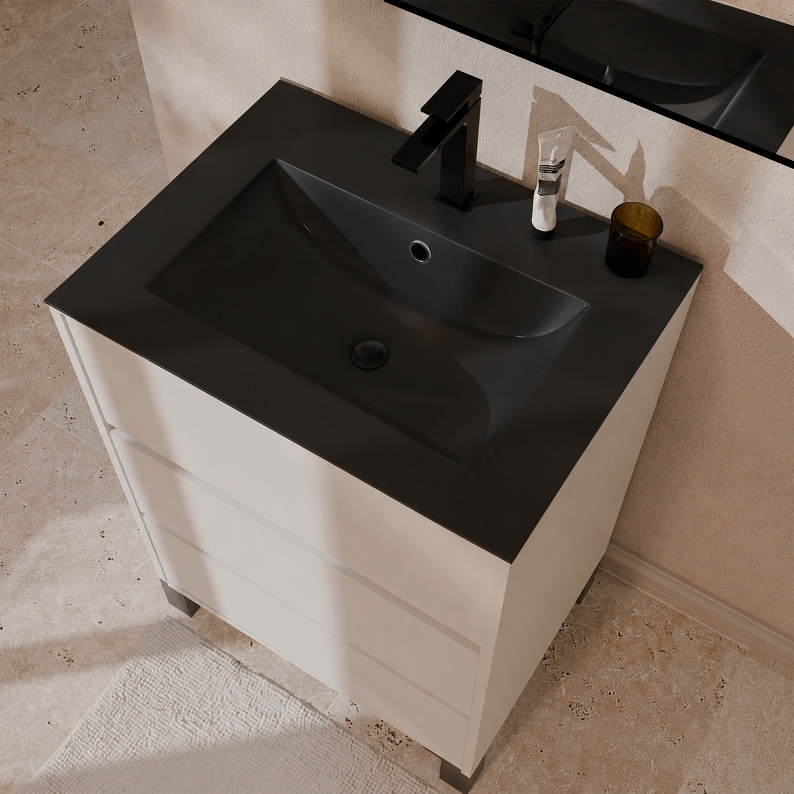 Meuble de Salle de Bains 50cm 3 tiroirs Blanc, Vasque Noire et Miroir Cadre Noir 50x70 - XENOS
