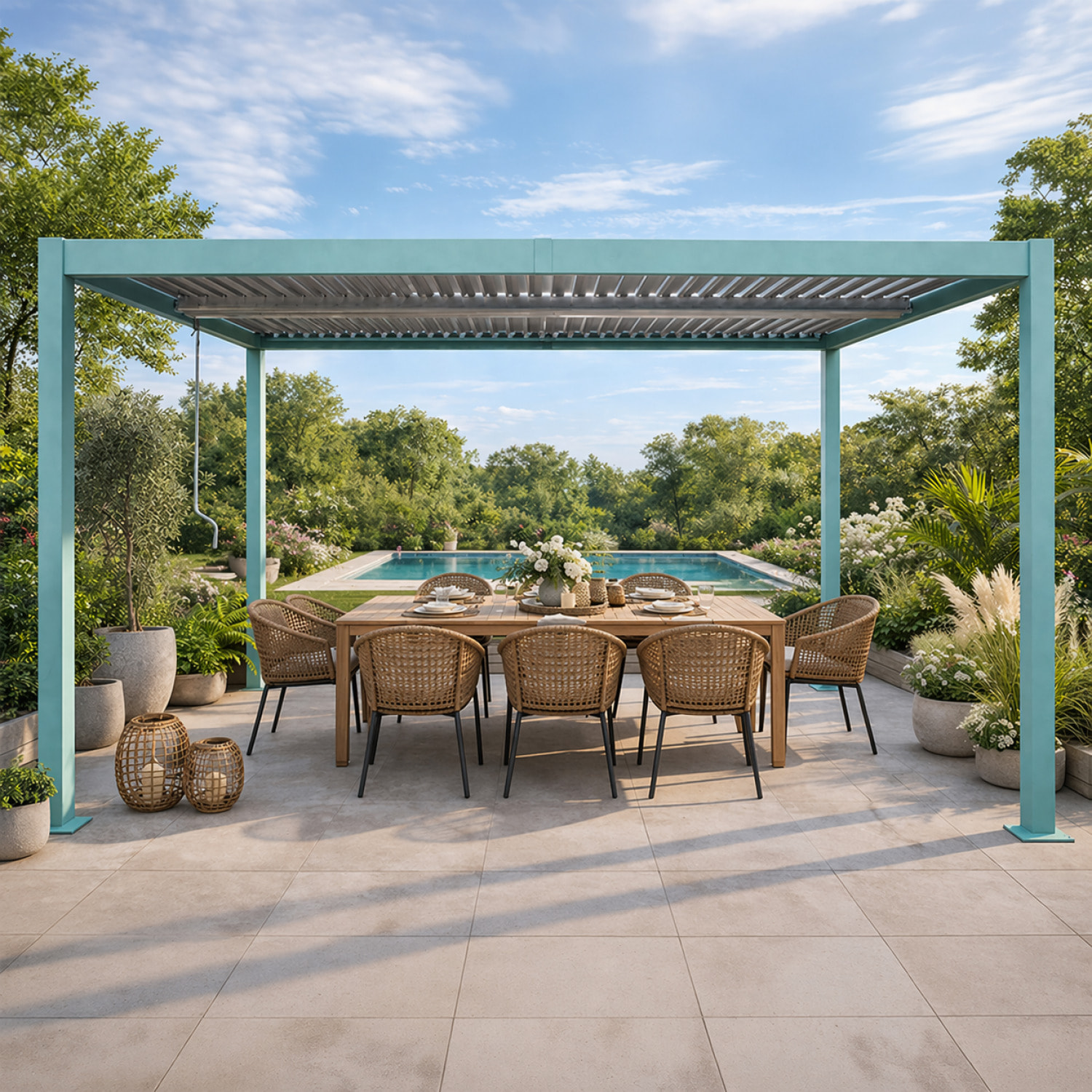 Pergola bioclimatique structure et lames orientables en aluminium vert 4x3m SOPRON