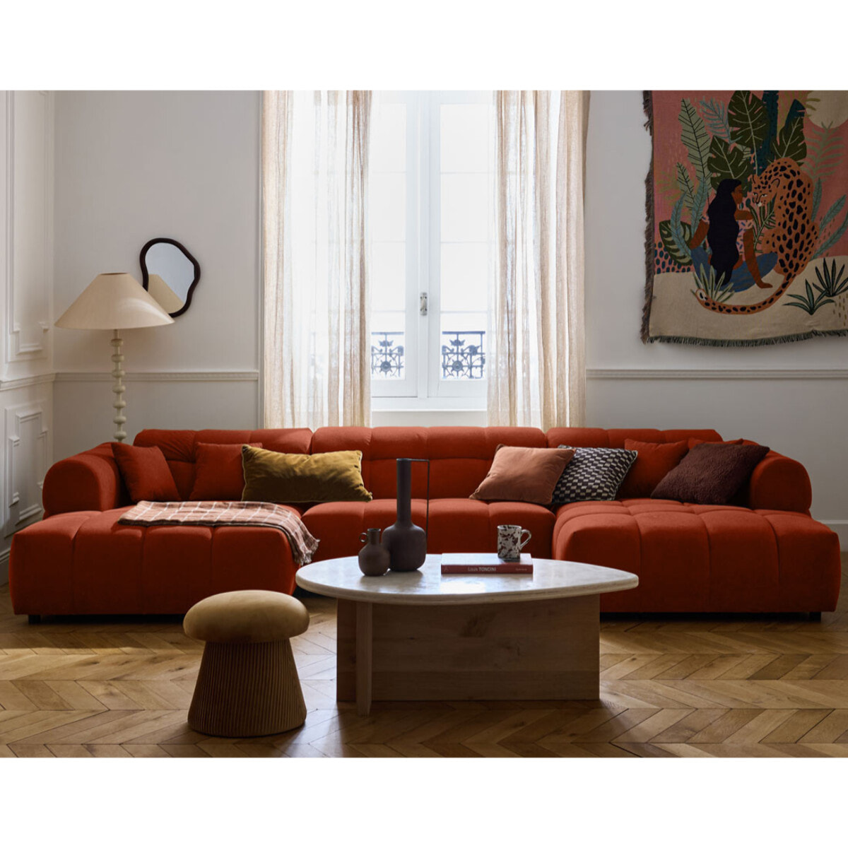 Ray - canapé panoramique en U 7 places en tissu texturé - Rouge