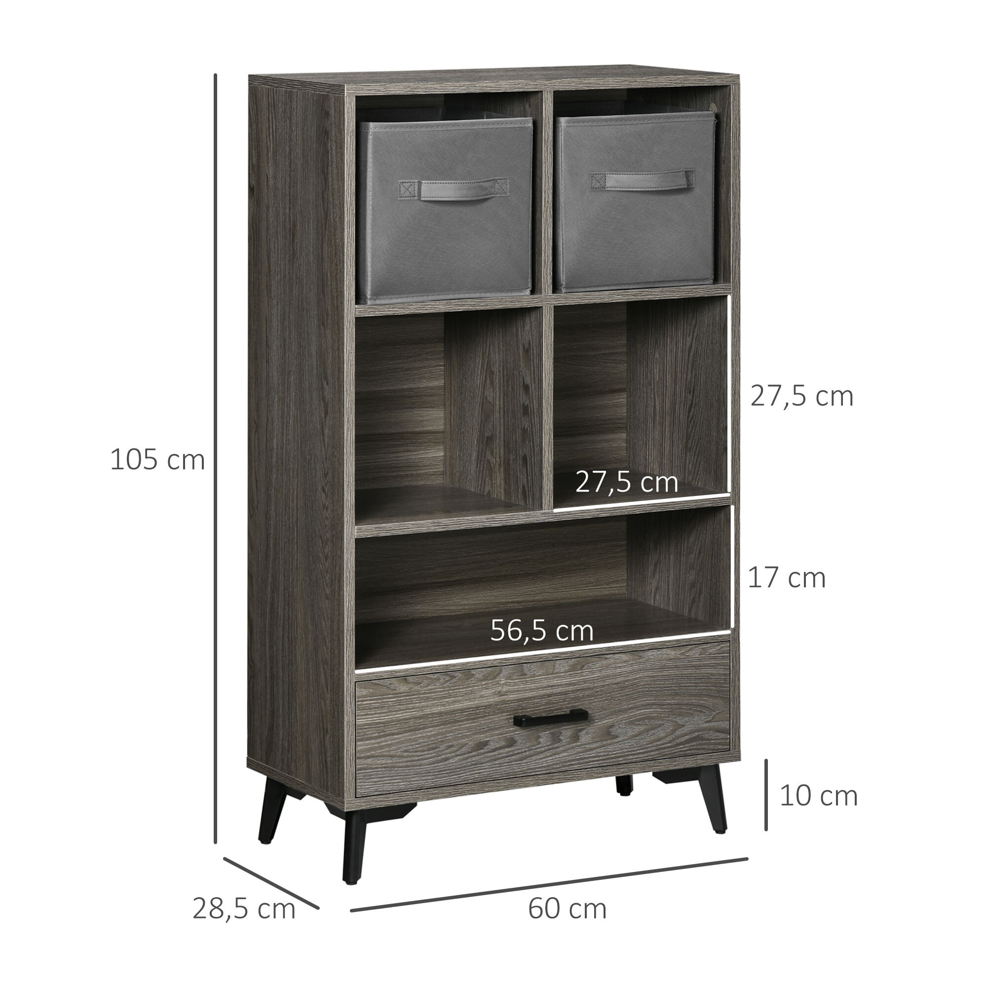 HOMCOM Librería para Libros Armario de Entrada con 2 Cajones de Tela Extraíbles y 5 Compartimientos de Almacenaje Armario de Salón para Oficina Dormitorio Estilo Moderno 60x28,5x105 cm Gris