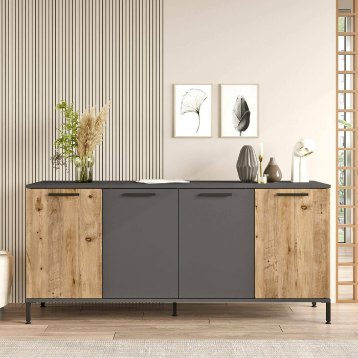 Credenza Bratislava, Buffet da soggiorno, Madia da salotto, Dispensa da cucina, 160x40 h72 cm, Quercia e Antracite