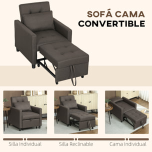 Sofá Cama de 1 Plaza 3 en 1, Sillón Cama Tapizado en Lino, con Respaldo Ajustable de 3 Niveles, Almohada Acolchada, para Oficina, Dormitorio, Salón, 69x82,5x84 cm, Marrón Oscuro