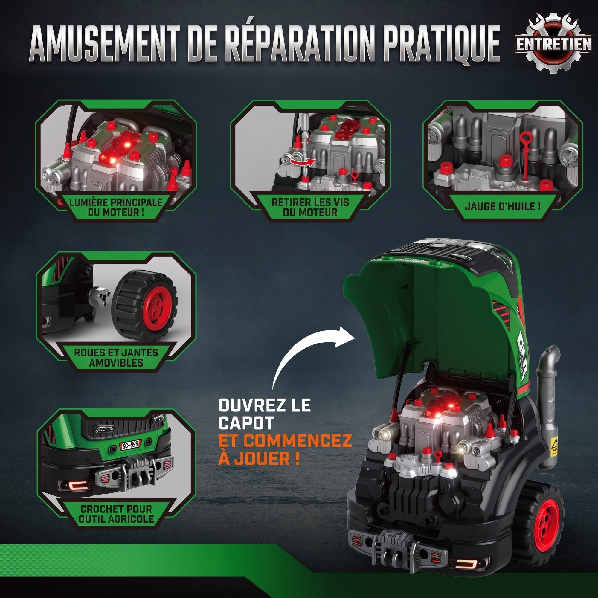 Camion mécano 2 en 1 - jeu d'imitation mécanicien - nombreux accessoires total 60 pièces et effets