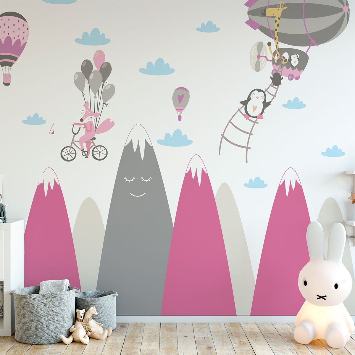 Stickers muraux enfants - Décoration chambre bébé - Autocollant Sticker mural géant enfant montagnes scandinaves ANIMAUX HEUREUX