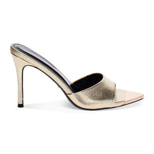 Mules open toe donna oro in laminato, tacco 9,5 cm