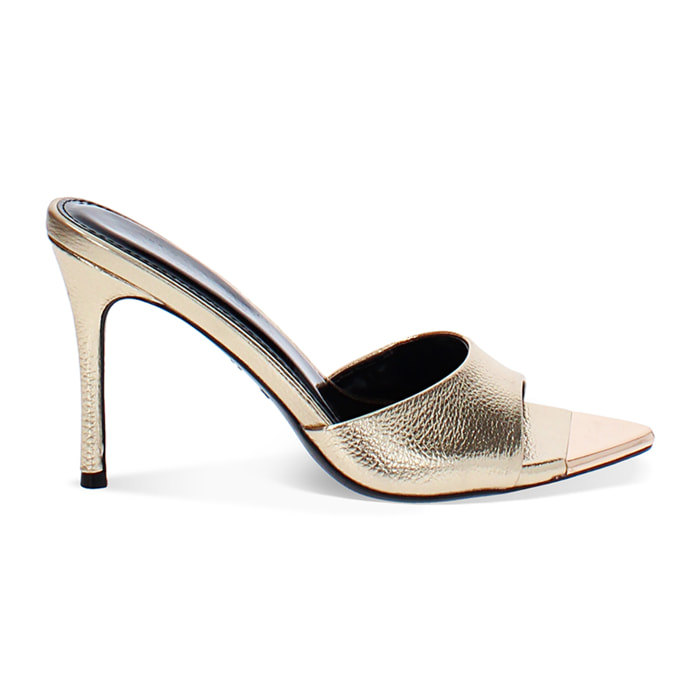 Mules open toe donna oro in laminato, tacco 9,5 cm