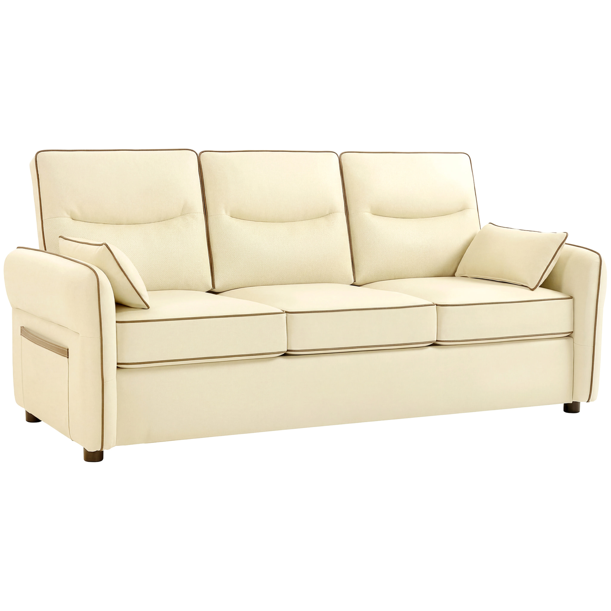 Sofá de 3 Plazas, Sofá de Salón Moderno, 190x83x90 cm, Tapizado en Cuero Sintético, Acolchado Grueso, Asiento Ancho, Reposabrazos y Bolsillo Lateral, Montaje Rápido, 2 Almohadas, Beige