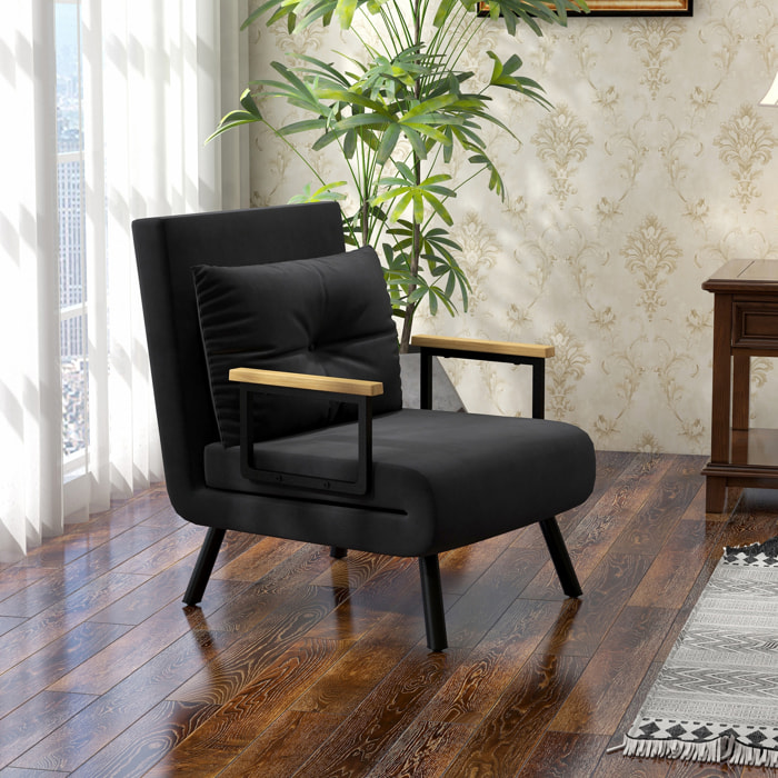 Sofá Cama de 1 Plaza Sofá Cama Plegable Tapizado en Terciopelo con Respaldo Ajustable de 5 Niveles y Almohada Acolchada para Oficina Dormitorio Salón 63x73x81 cm Negro