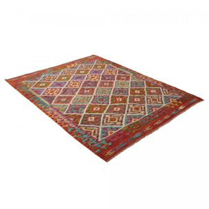 Tapis kilim géométrique, tissé à plat, artisanal en laine