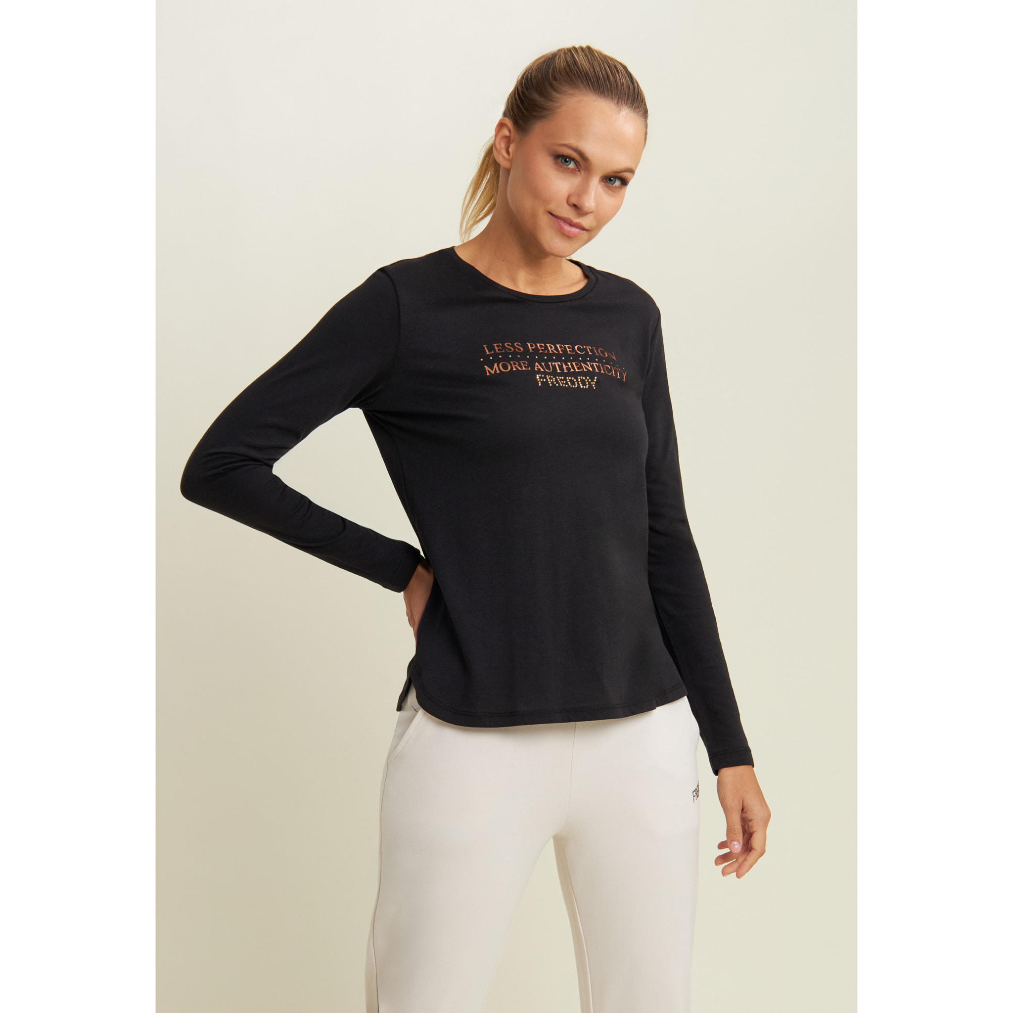 T-shirt donna manica lunga con grafica metallizzata