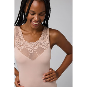 Maglia termica in pizzo senza maniche beige