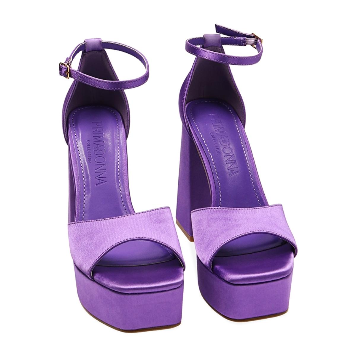 Sandali platform viola in raso, tacco 10 cm