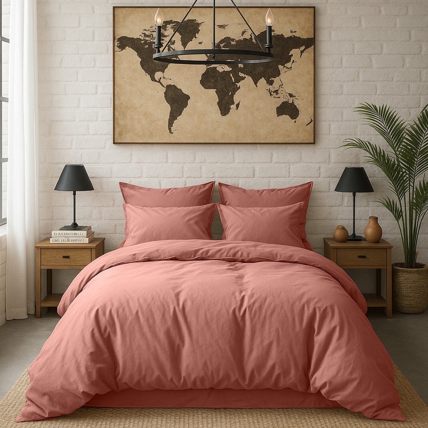 Paire de Taies d'oreiller avec volant 100% percale de coton lavé rose profond