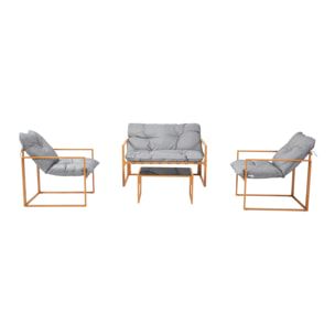LANA Salon de jardin 4 places contemporain brun et coussins gris
