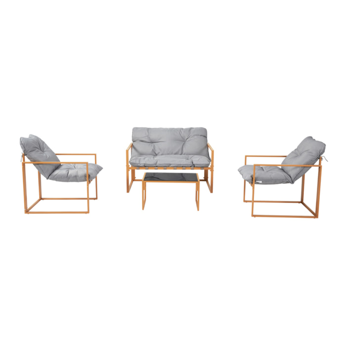LANA Salon de jardin 4 places contemporain brun et coussins gris