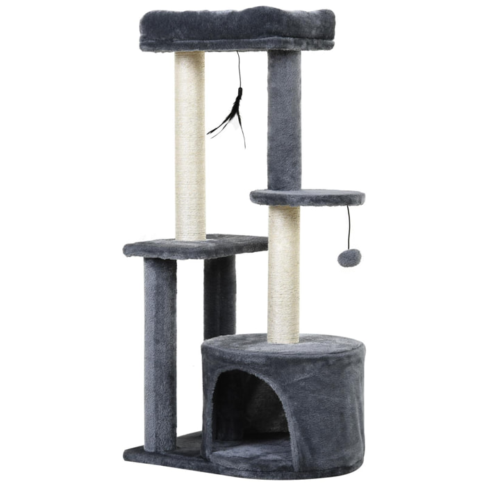 Arbre à chats avec griffoirs grattoirs sisal naturel centre d'activités niche plateformes 2 jouets suspendus gris