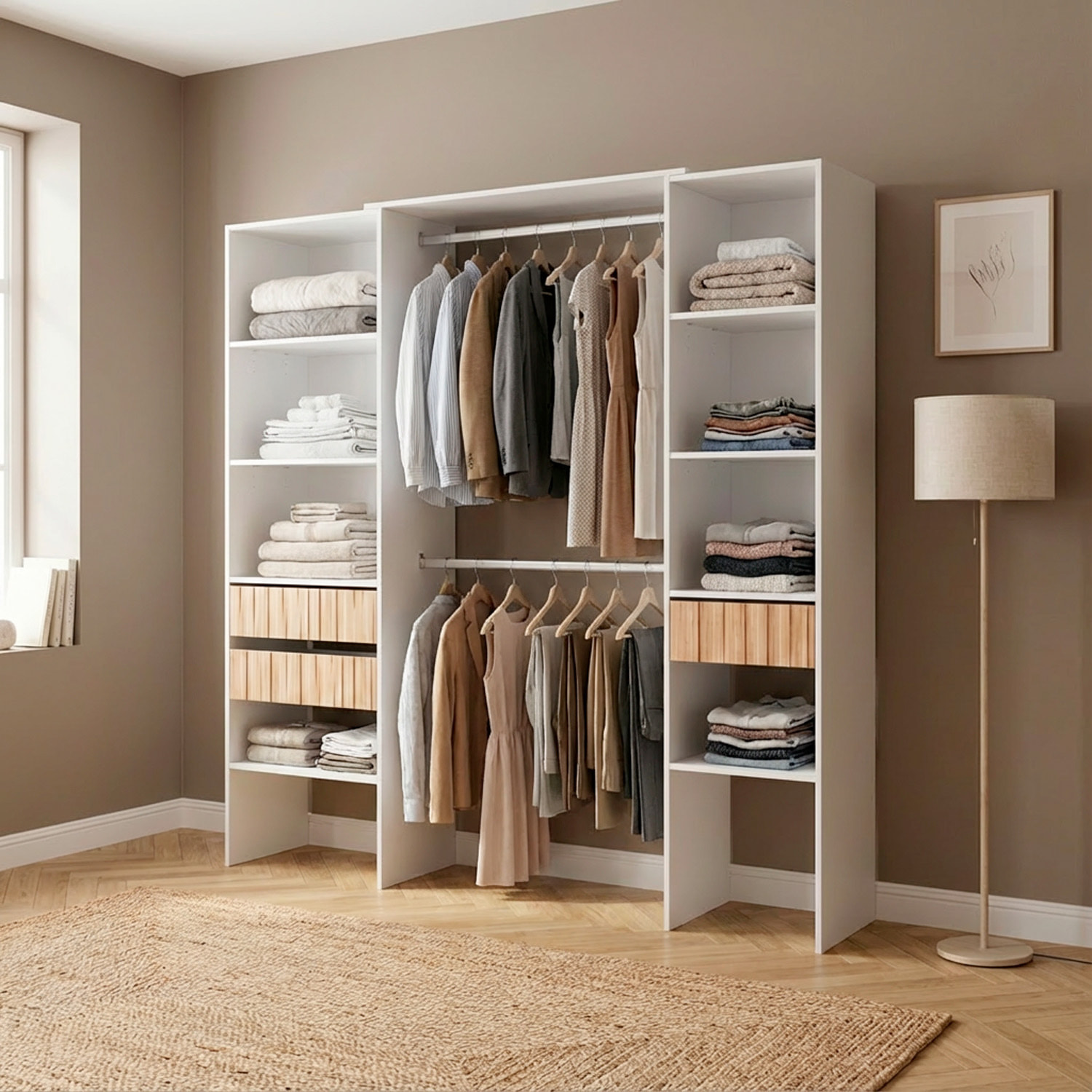 Armadio Guardaroba Aperto Con Ripiani Regolabili 3 Cassetti Doppio Appendiabiti In Alluminio Mobile Multiuso 190 x 187 x 40 Cm Bianco E Rovere Listato