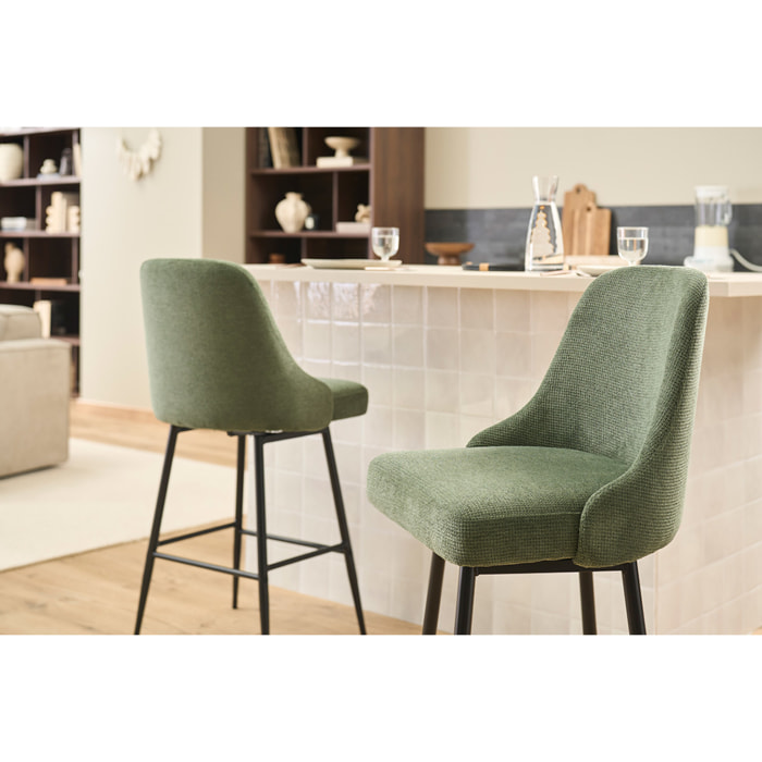 Tabourets de bar pivotants 360° en tissu chenille vert kaki et métal H66 cm (lot de 2) HASTA