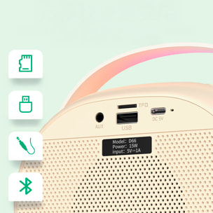 Altoparlante wireless per karaoke con due microfoni. Bluetooth 5.3 e 4 modalità vocali.