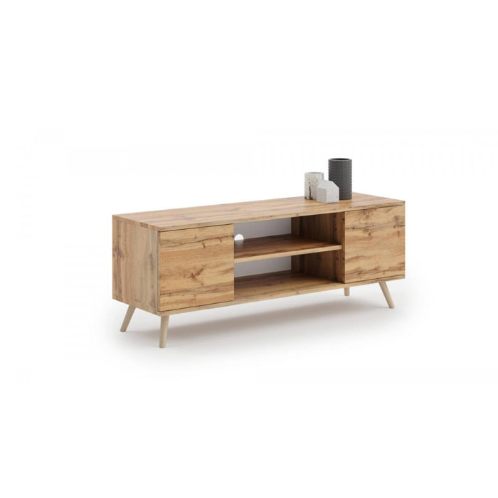 Mobile porta tv con 2 ante e 1 ripiano centrale, Credenza con piedini, Buffet da soggiorno in stile scandi, cm 155x40h50, colore Acero