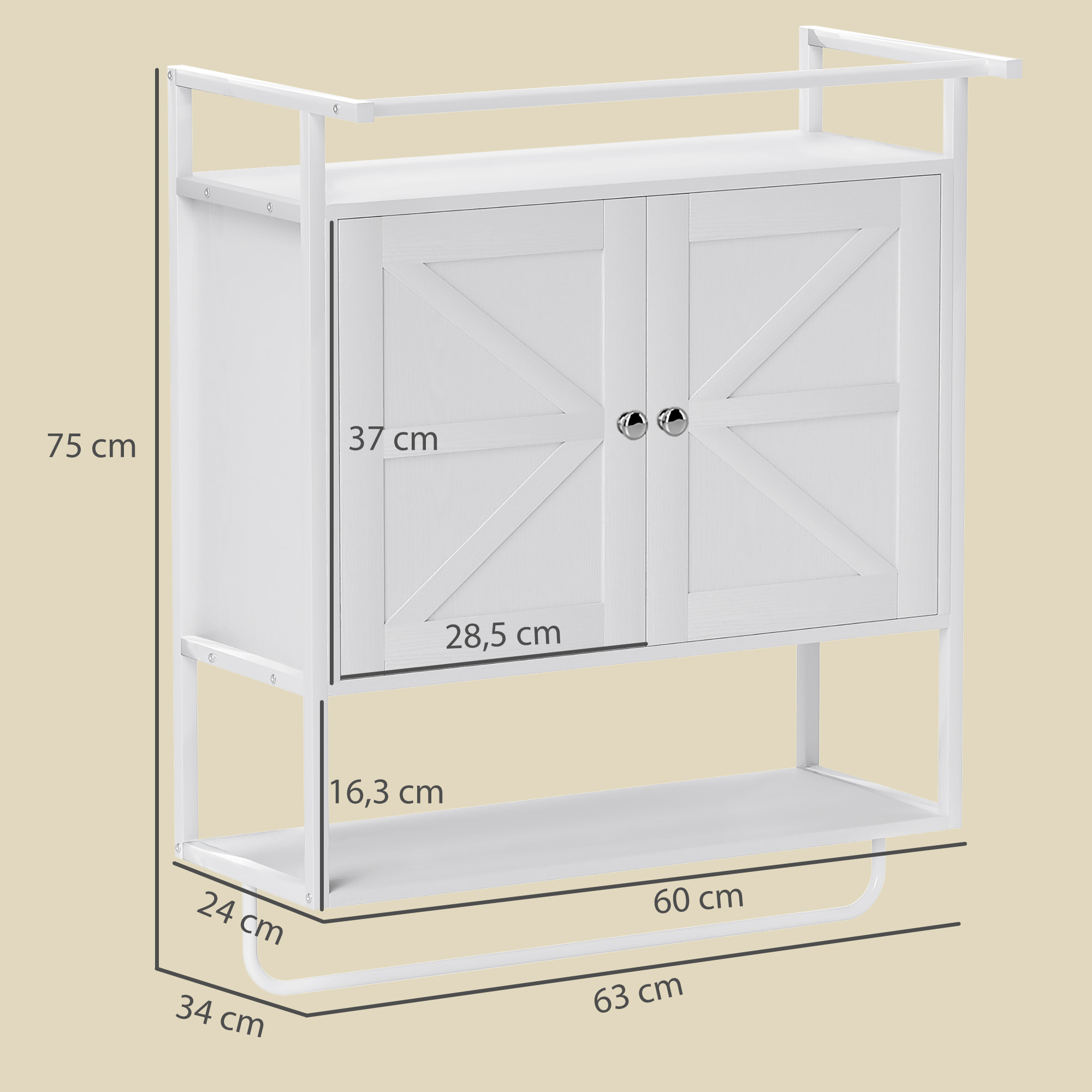 Armario de Pared para Baño Multiusos Mueble de Baño Suspendido Armario Colgante de Almacenamiento con 2 Puertas Estante Toallero 63x34x75 cm Blanco