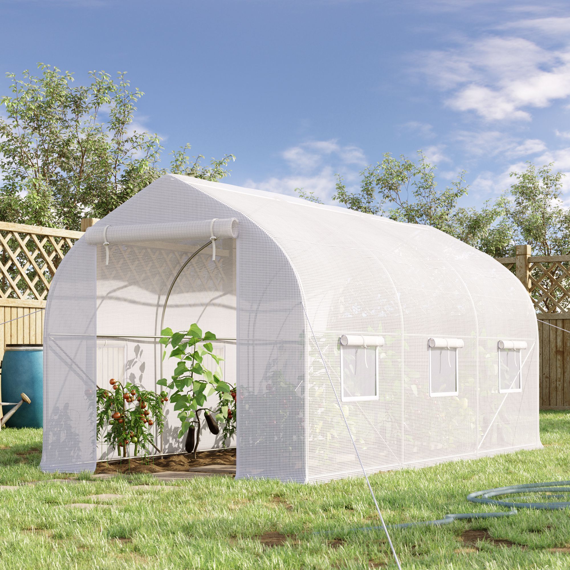 Serre tunnel de jardin 8 m² - 2 portes, 6 fenêtres - métal galvanisé bâche PE blanc