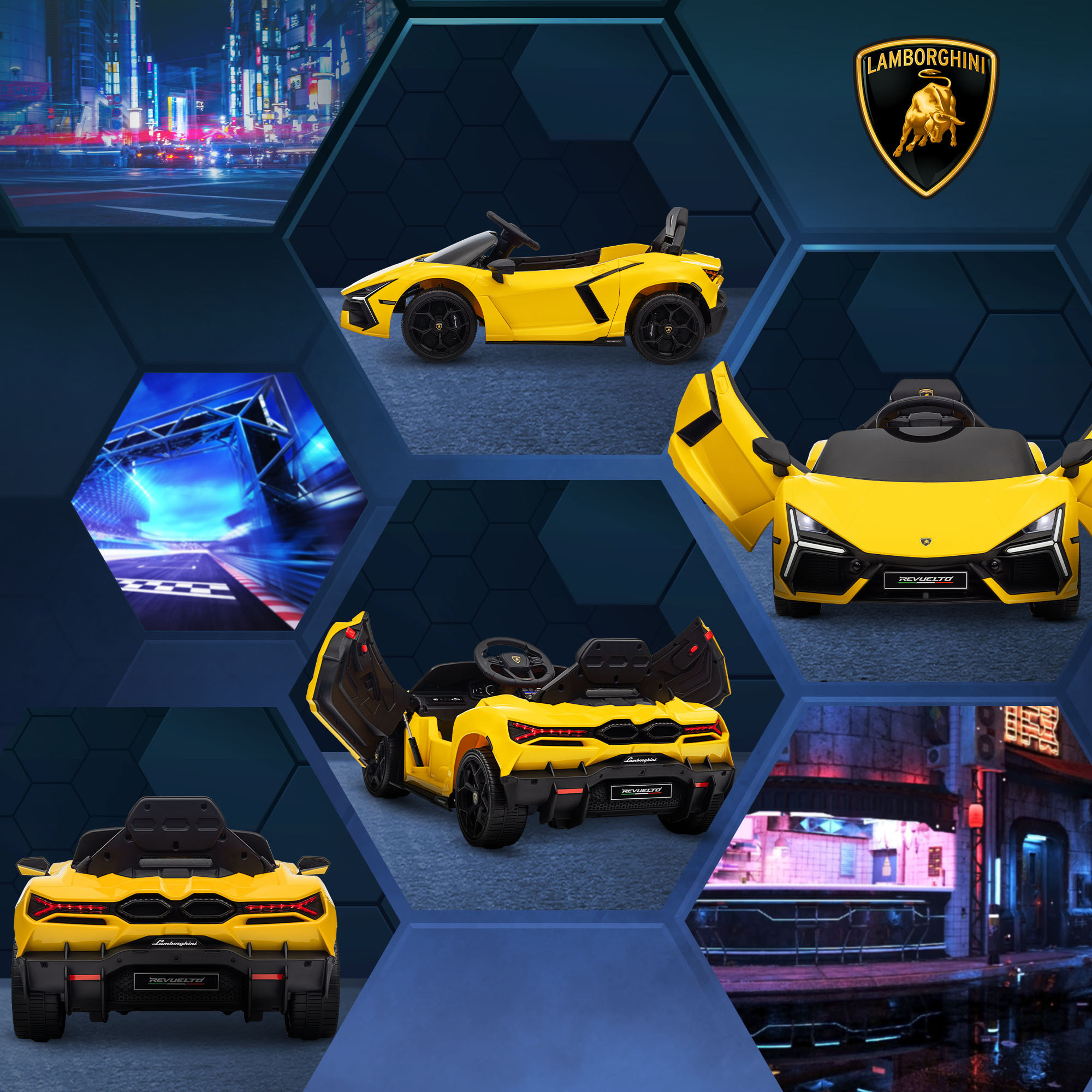 Voiture électrique enfant licence Lamborghini Revuelto télécommande effets sonores lumineux jaune