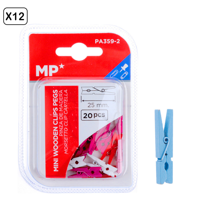 12 packs de PINZA MADERA DE COLORES 25 mm 20 Uds.