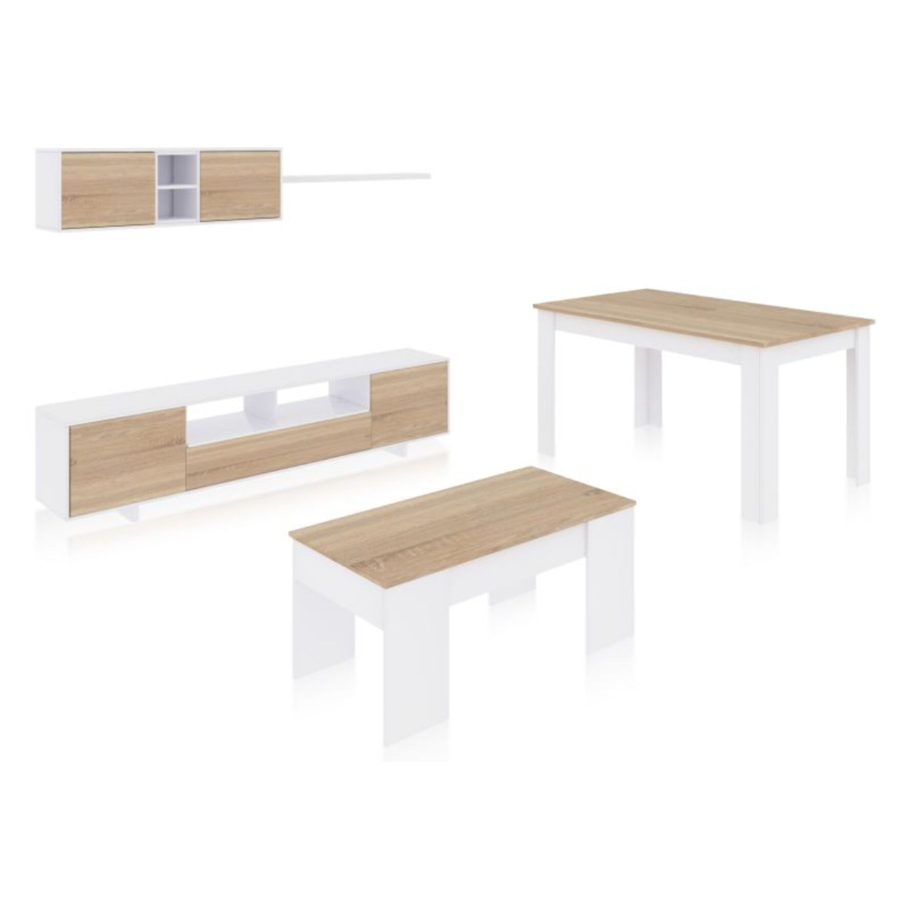 Pack salón con mesa de centro y mesa de comedor Kenzo Max V2B Blanco Brillo - Roble Canadian