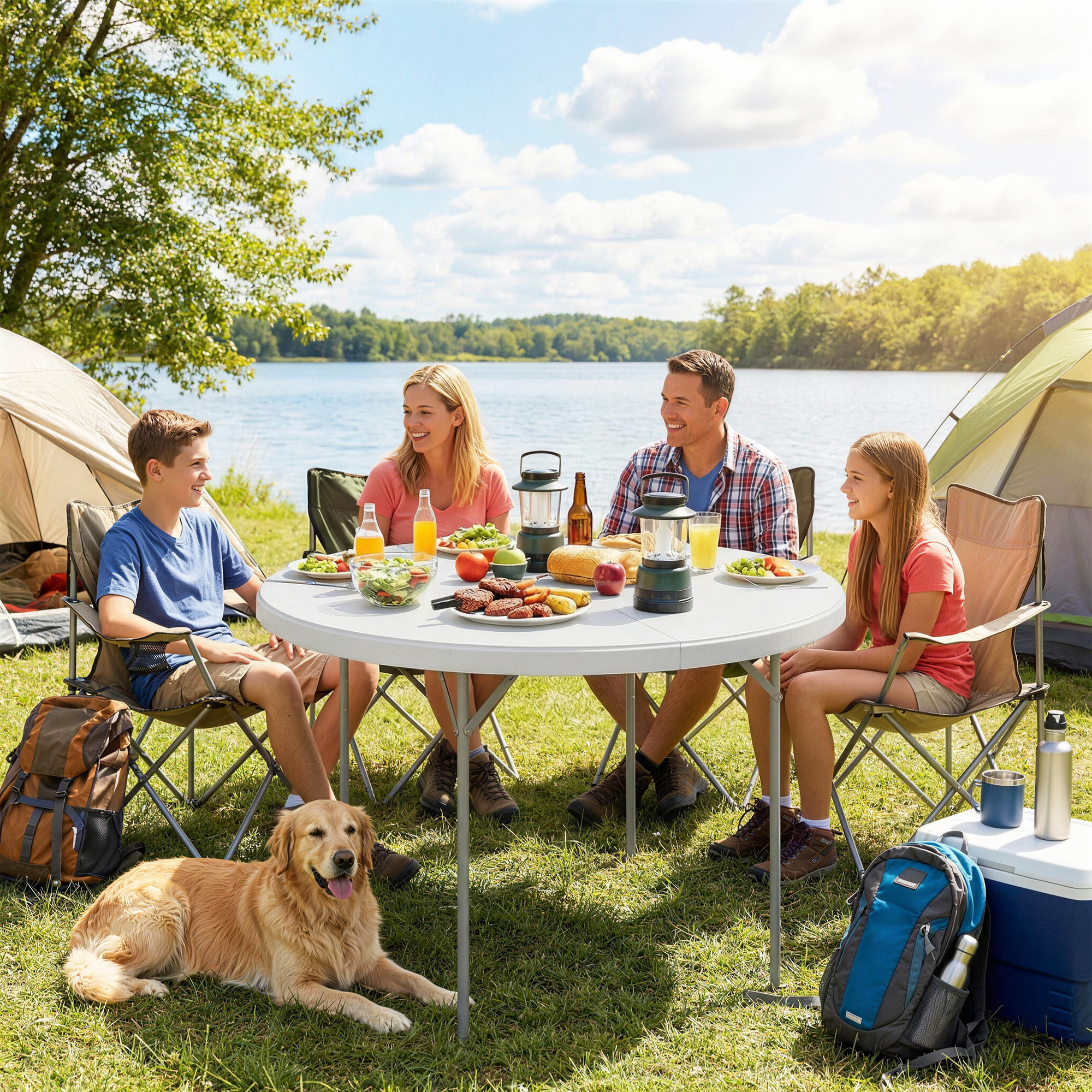 Mesa Plegable Camping, 120x120x74 cm, Mesa Plegable Portátil Ligera con Encimera de HDPE, Almohadillas Antideslizantes, Marco Metálico, para Acampar, Senderismo, Playa, Blanco